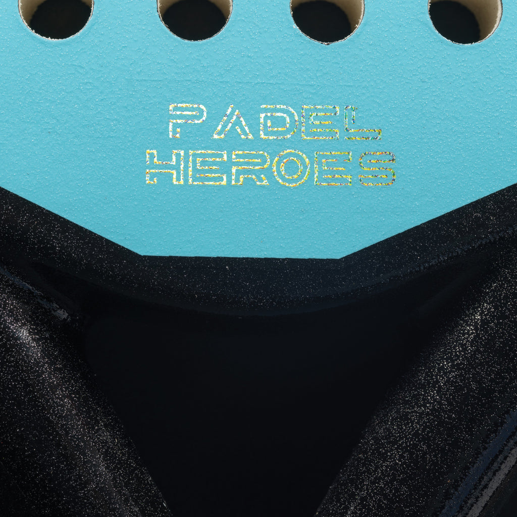 The Super Hero junior padel racket branding close-up